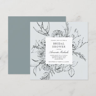 Invitation Fête des mariées de ligne florale minimaliste bleu