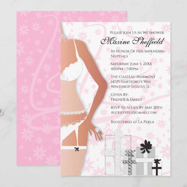 Invitation Fête des mariées de lingerie diamant blanc et rose (Devant / Derrière)