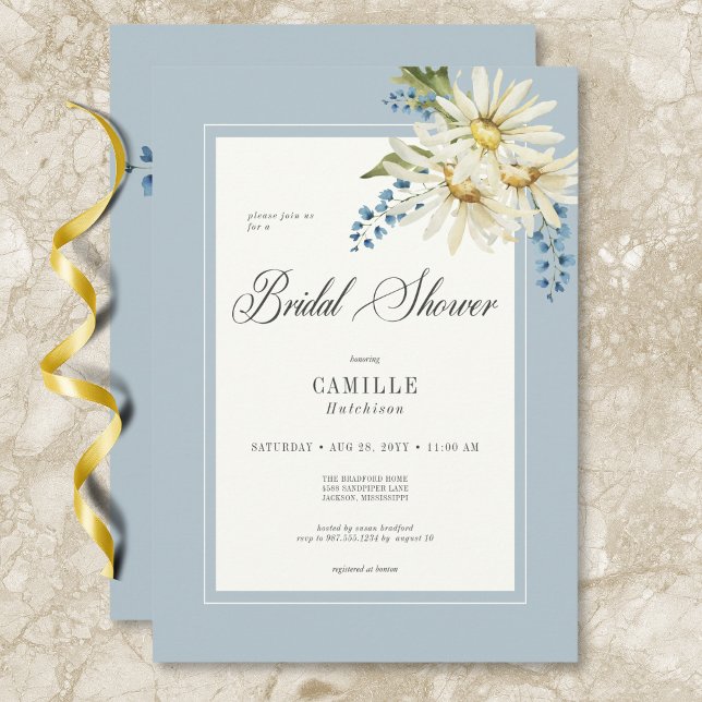 Invitation Fête des mariées de marguerites bleues et blanches (Rustic Blue & White Daisies Bridal Shower Invitation)