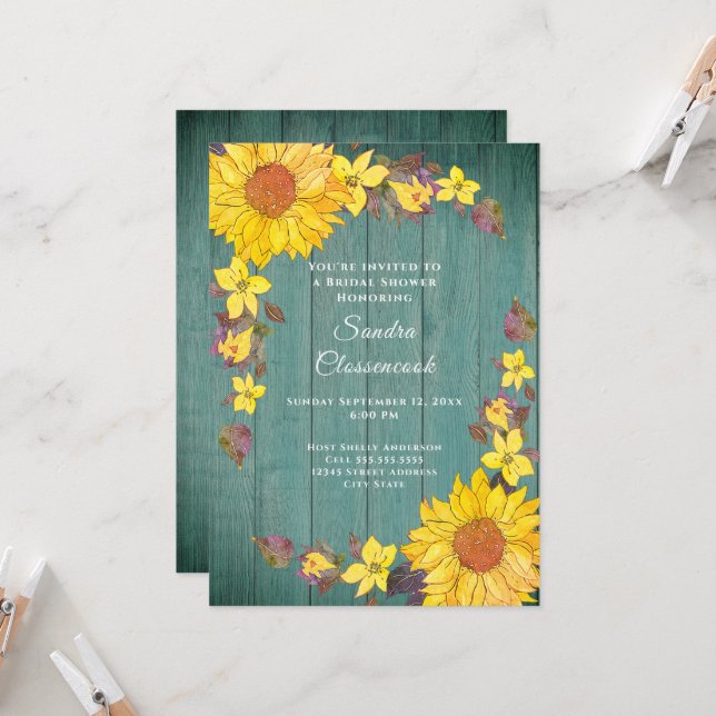 Invitation Fête des mariées de Mariage de tournesol rustique (Devant/Arrière en situation)