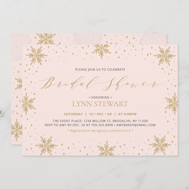 Invitation Fête des mariées de Mariage Gold & Pink Winter Sno (Devant / Derrière)