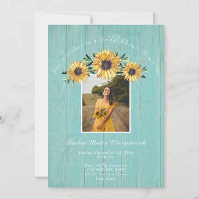 Invitation Fête des mariées de Mariage Rustique Sunflower Aqu (Devant)