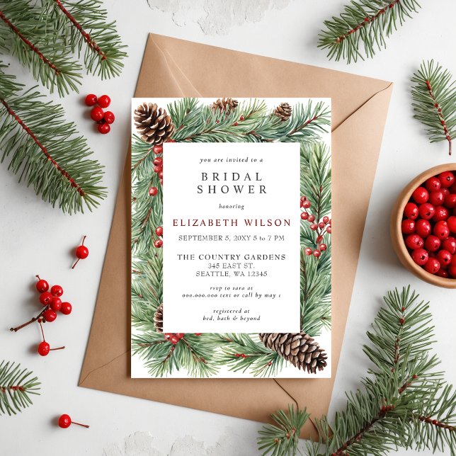 Invitation Fête des mariées de Noël de Noël de Rustic Pine Co (Rustic Pine Cone Holly Christmas Bridal Shower Invitation)