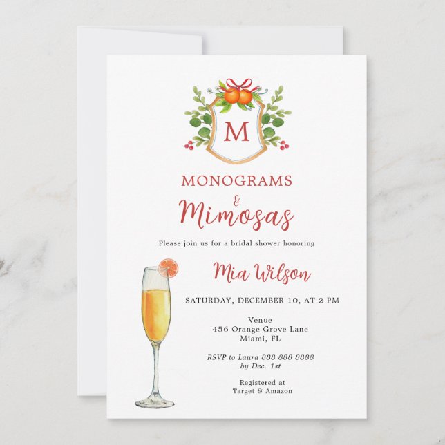 Invitation Fête des mariées de Noël Monogrammes & Mimosas (Devant)