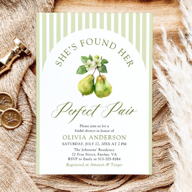 Invitation Fête des mariées de paire parfaite avec des rayure (Modern Green Gingham Perfect Pear Bridal Shower Invitation)