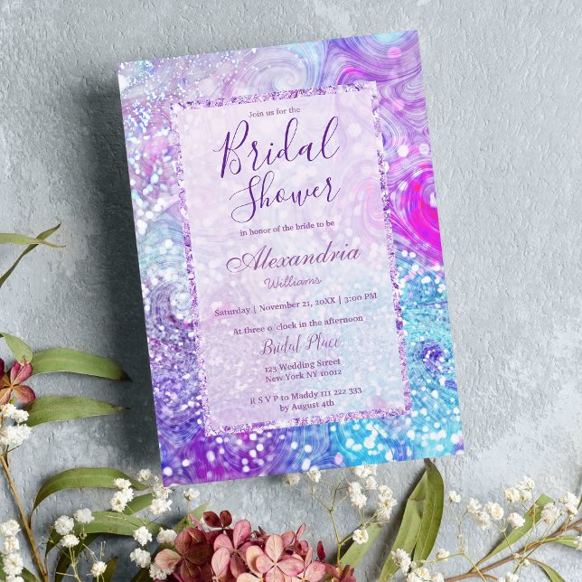 Invitation Fête des mariées de parties scintillant en marbre  (Purple teal lavender marble glitter Bridal Shower Invitation )