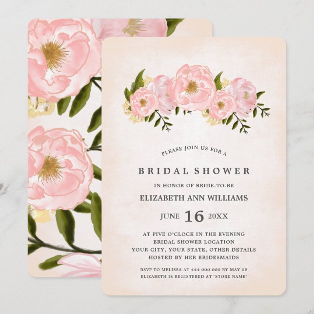 Invitation Fête des mariées de pivoines roses (Devant / Derrière)