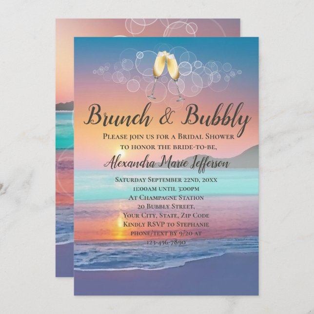 Invitation Fête des mariées de plage de Brunch et Bubbly Sand (Devant / Derrière)