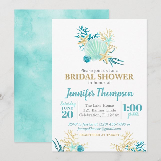 Invitation Fête des mariées de plage Turquoise et or aquarell (Devant / Derrière)
