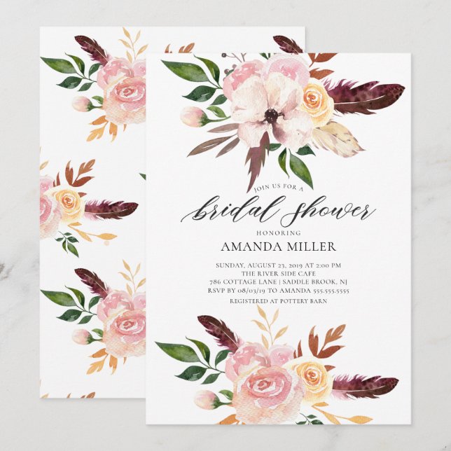 Invitation Fête des mariées de plumes rose pâle (Devant / Derrière)