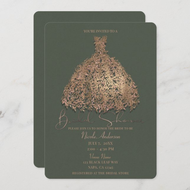 Invitation Fête des mariées de robe botanique rose Gold Green (Devant / Derrière)