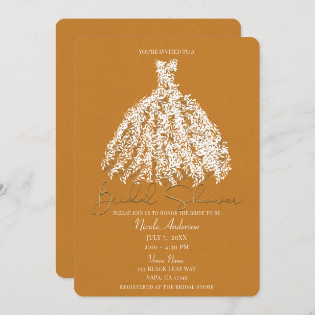 Invitation Fête des mariées de robe de feuille d'or jaune (Devant / Derrière)