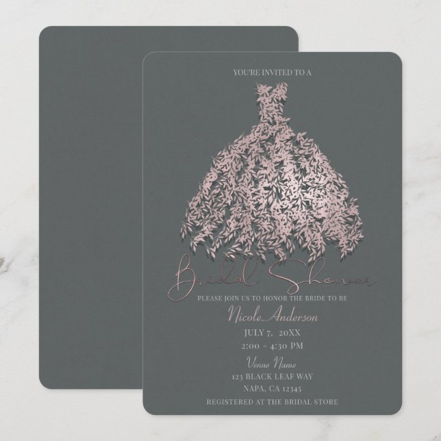 Invitation Fête des mariées de robe Feuille rose et gris (Devant / Derrière)