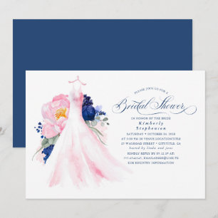 Invitation Fête des mariées de robe florale bleu marine et ro