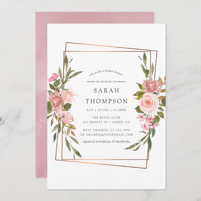 Invitation Fête des mariées de Rose d'aquarelle or géométriqu (Devant / Derrière)