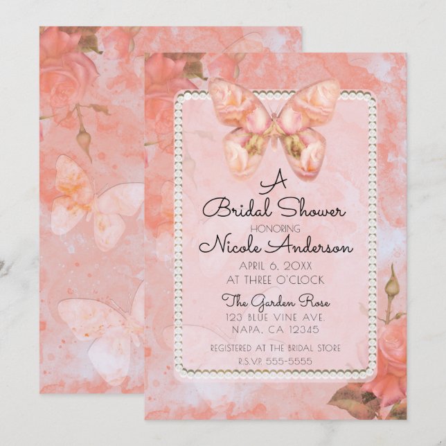 Invitation Fête des mariées de Rose de papillon rose corail V (Devant / Derrière)