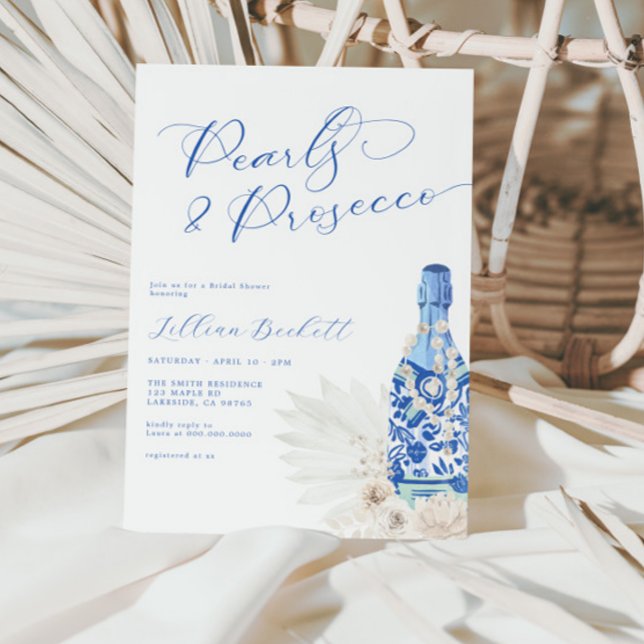 Invitation Fête des mariées de script bleu perles et Prosecco (Créateur téléchargé)