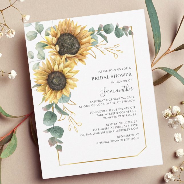 Invitation Fête des mariées de script de fleurs de tournesol (Floral Sunflower Eucalyptus Script Bridal Shower Invitation)