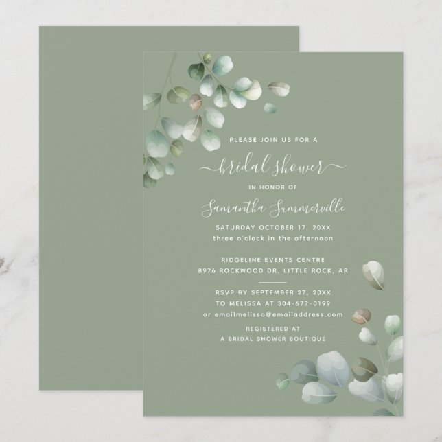 Invitation Fête des mariées de script Eucalyptus Greenery (Devant / Derrière)