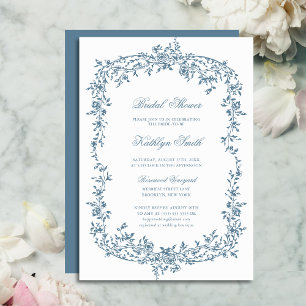 Invitation Fête des mariées de script Floral Vintage bleu fon