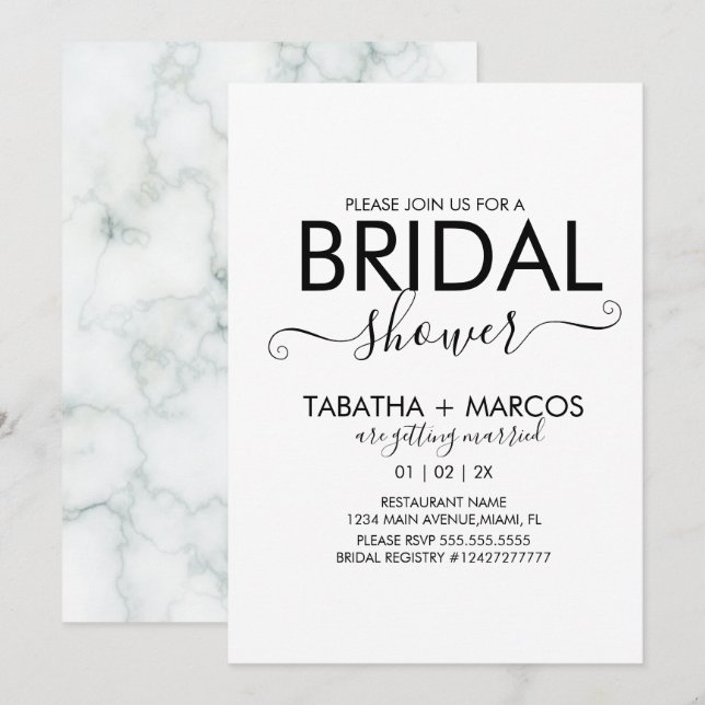 Invitation Fête des mariées de script Motif simple en marbre (Devant / Derrière)