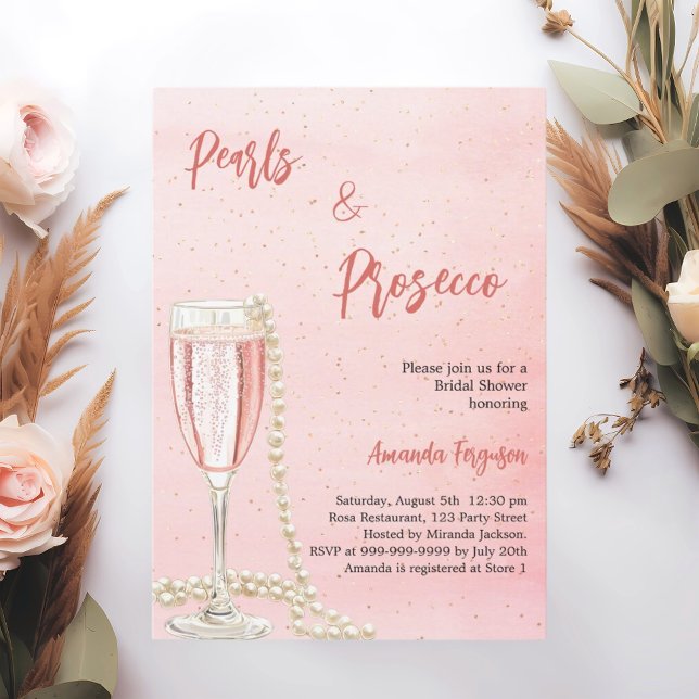 Invitation Fête des mariées de script rose Pearls Prosecco (Créateur téléchargé)