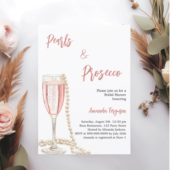 Invitation Fête des mariées de script rose Pearls Prosecco (Créateur téléchargé)