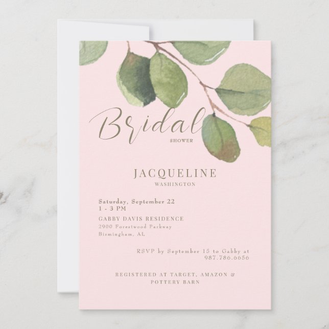 Invitation Fête des mariées de texte moderne Eucalyptus Blush (Devant)
