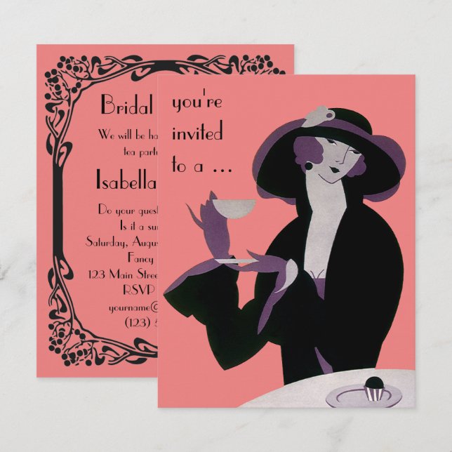 Invitation Fête des mariées de thé Art déco vintage après-mid (Devant / Derrière)