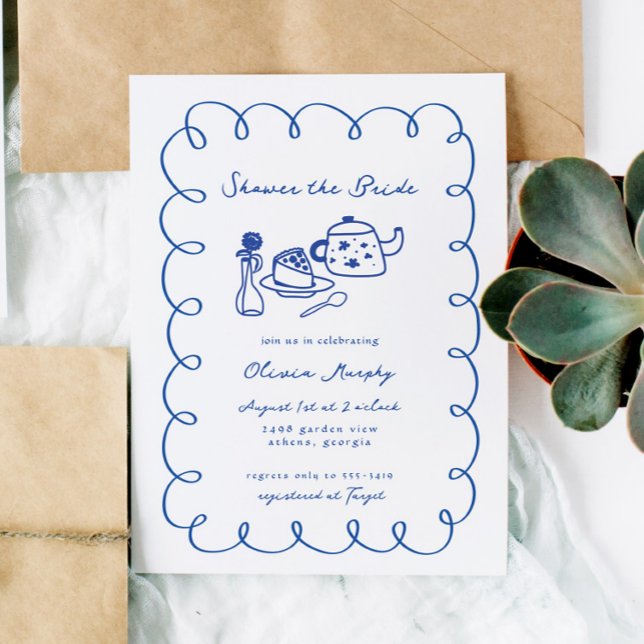 Invitation Fête des mariées de thé au gâteau à la main bleue  (Créateur téléchargé)