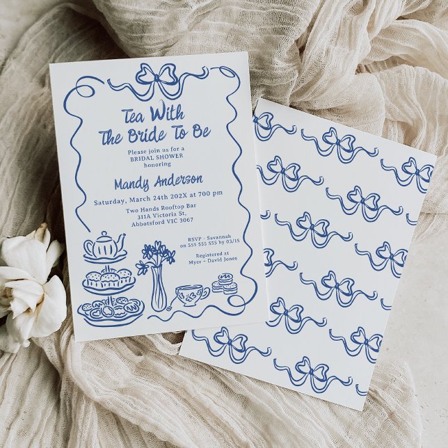 Invitation Fête des mariées de thé dessinée à la main bleue l (Blue Hand Drawn Tea Bridal Shower Invitation Template, Whimsical Tea with Bride To Be Bridal Shower )