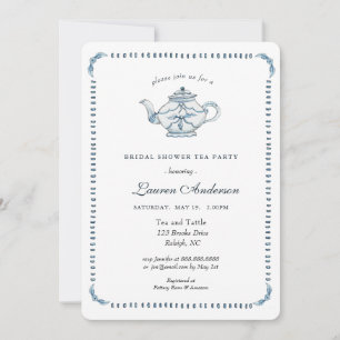 Invitation Fête des mariées de théière bleue et blanche