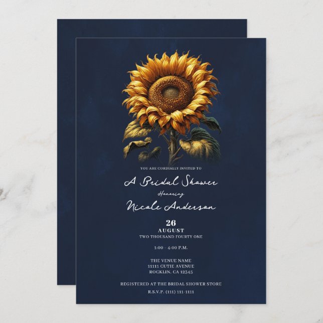 Invitation Fête des mariées de tournesol bleu rustique (Devant / Derrière)