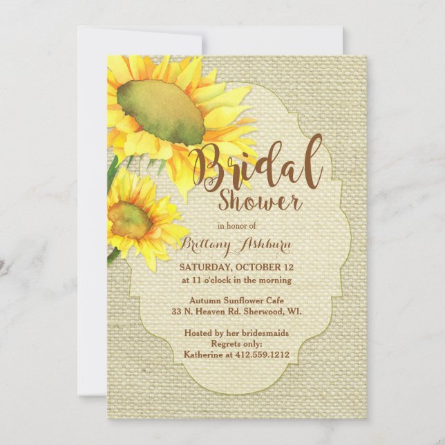 Invitation Fête des mariées de tournesol Burlap rustique (Devant)