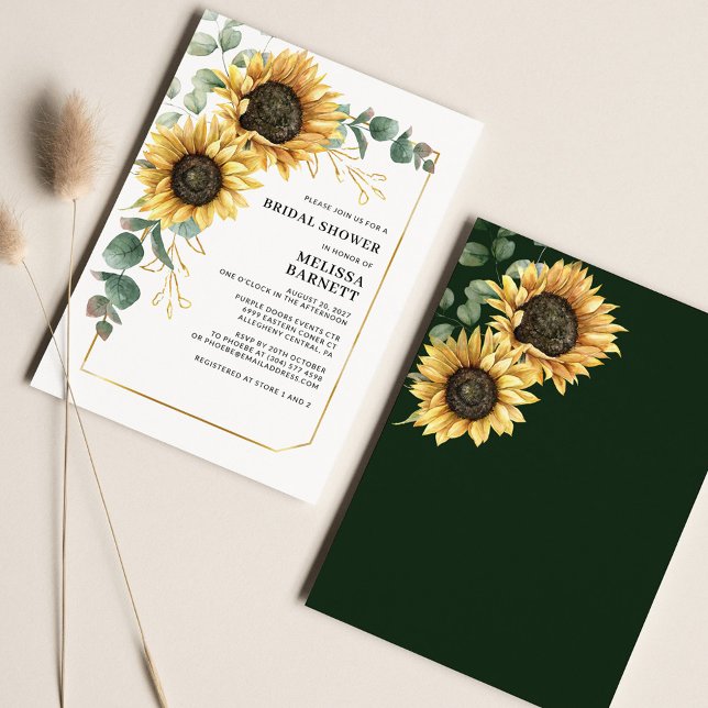 Invitation Fête des mariées de tournesol floral Eu (Eucalyptus Sunflower Bridal Shower Front and back alt view)