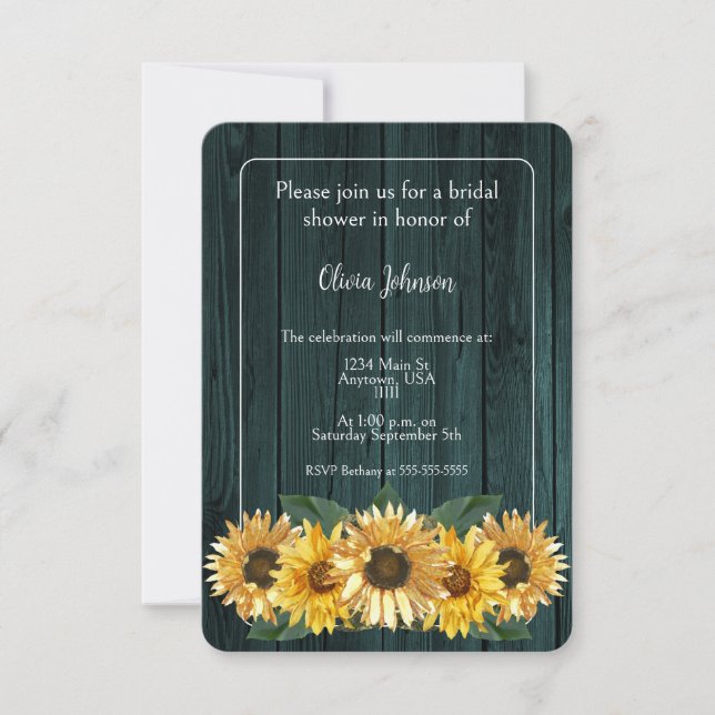 Invitation Fête des mariées de tournesol Turquoise rustique (Devant)