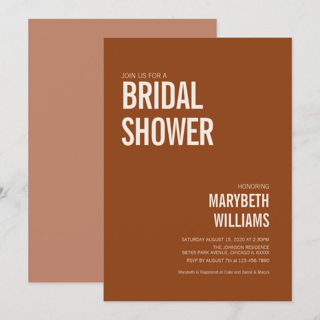 Invitation Fête des mariées de typographie en terre cuite sim (Devant / Derrière)