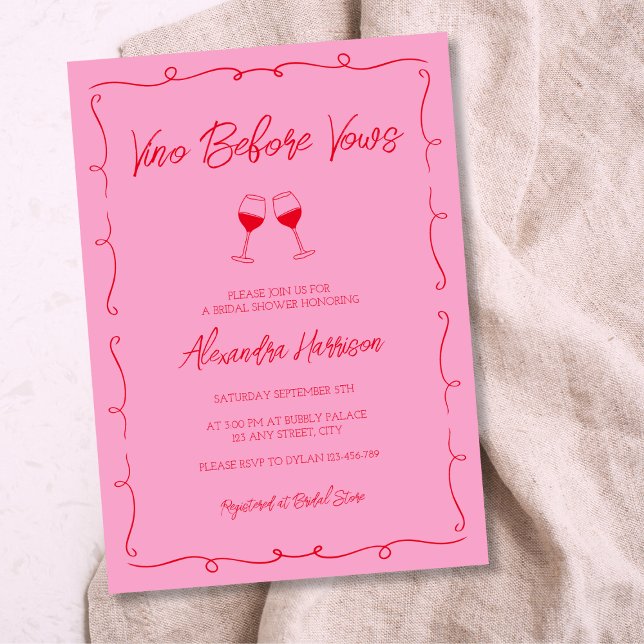 Invitation Fête des mariées de vin rose et rouge tracée à la  (Hand Drawn Bold Pink & Red Wine Bridal Shower Invitation)