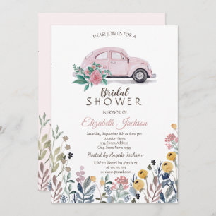 Invitation Fête des mariées de voiture rose fleur sauvage Mea