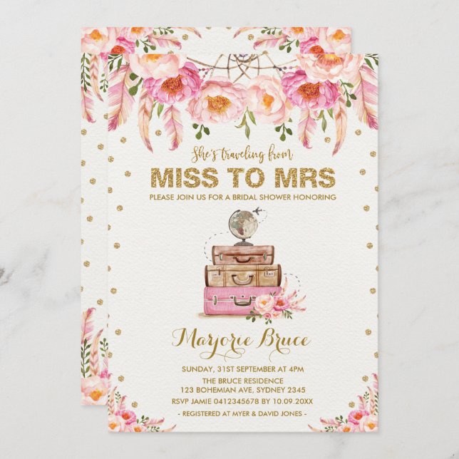 Invitation Fête des mariées de voyage Mlle à Mme Boho Blush F (Devant / Derrière)