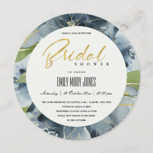 INVITATION FÊTE DES MARIÉES D'EAU FLORALE BLEU GOLD GRIS