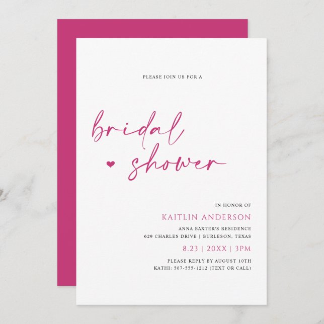 Invitation Fête des mariées d'écriture moderne rose magenta (Devant / Derrière)