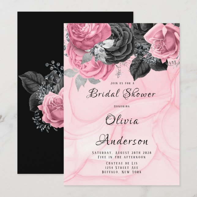 Invitation Fête des mariées d'encre de luxe rose et noir flor (Devant / Derrière)