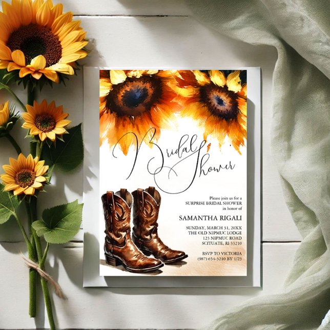 Invitation Fête des mariées des bottes de cowboy de tournesol (Bridal shower invitations watercolor sunflowers and cowboy boots )