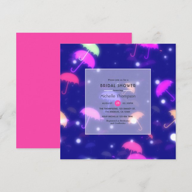 Invitation Fête des mariées des parapluies de néon (Devant / Derrière)