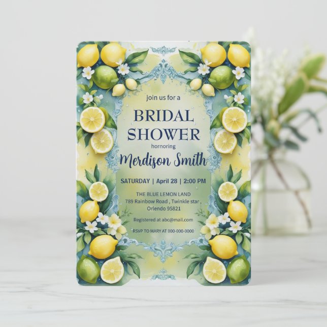 Invitation Fête des mariées d'été chic citron méditerranéen (Debout devant)