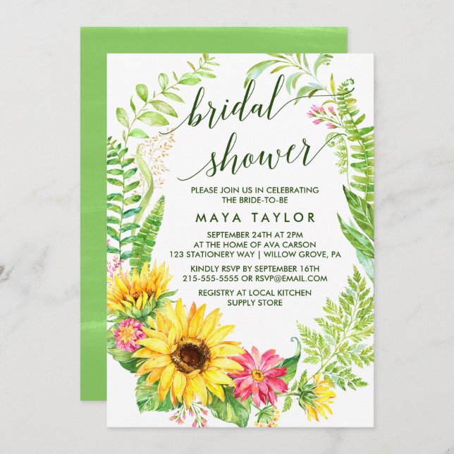 Invitation Fête des mariées d'été de couronne de tournesol (Devant / Derrière)