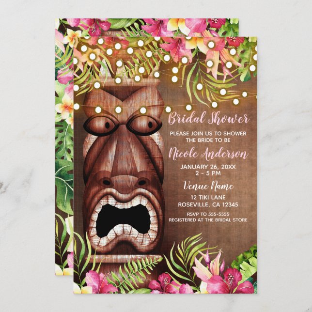 Invitation Fête des mariées d'été Tiki Luau en bois hawaïen (Devant / Derrière)