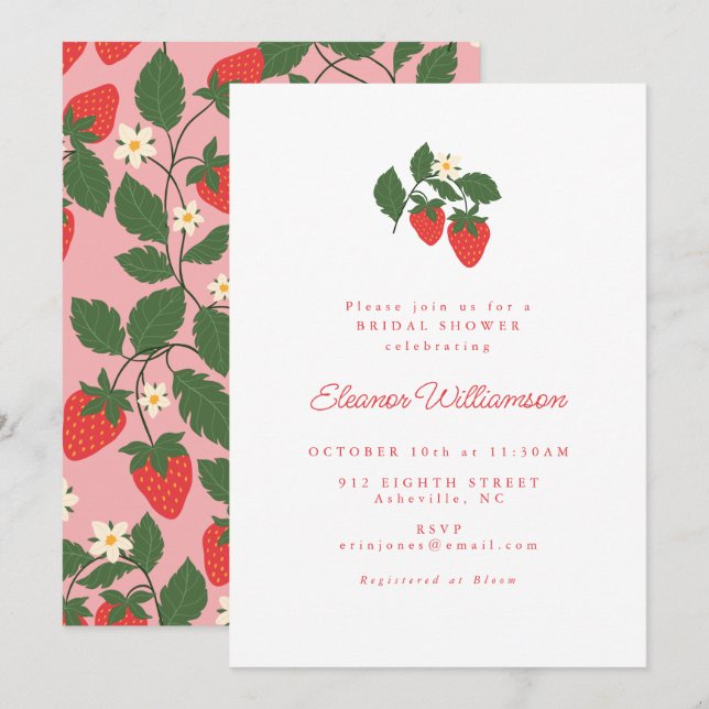 Invitation Fête des mariées d'été Vintage blanc fraises Boho (Devant / Derrière)