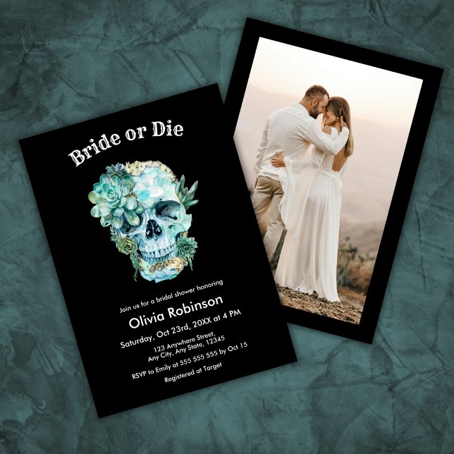 Invitation Fête des mariées d'Halloween fleurie ou de mariage (Floral Skull Photo Bride or Die Halloween Bridal Shower Invitation )
